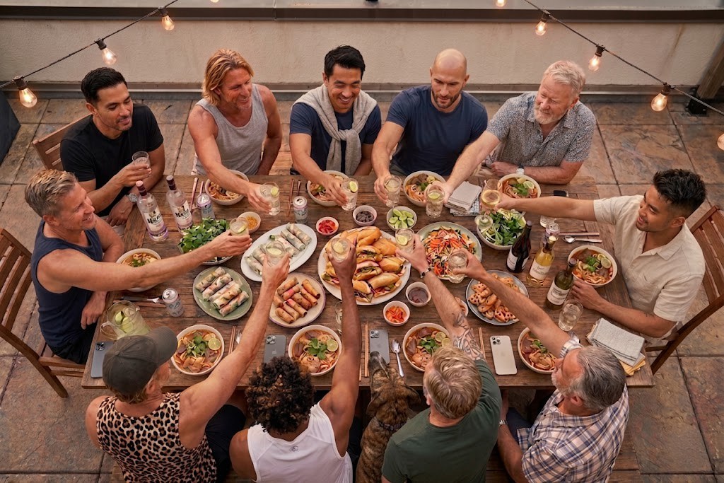 A group of men gathered around a dinner table in Los Angeles, in warm and considered conversation