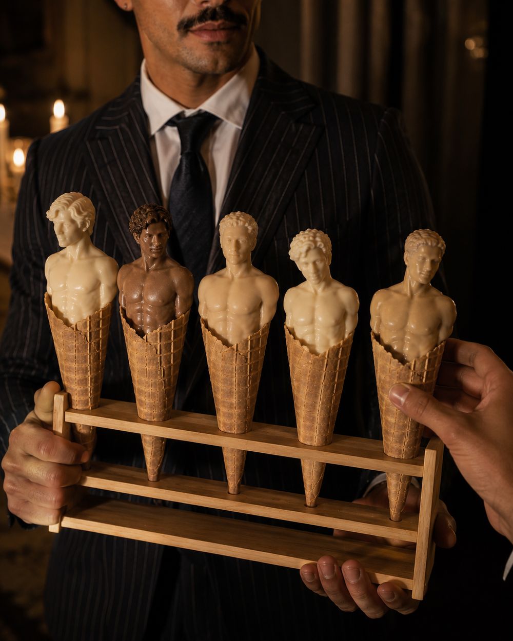 A server in a pinstripe suit presents a wooden rack of five ice cream cones, each topped with a sculpted classical male torso, in a candlelit room
