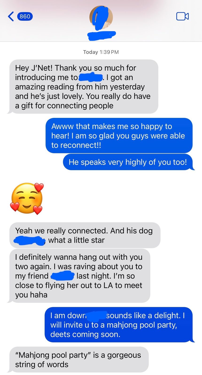 A text message thanking J&rsquo;Net for an introduction, saying she has a gift for connecting people, with names and photos redacted