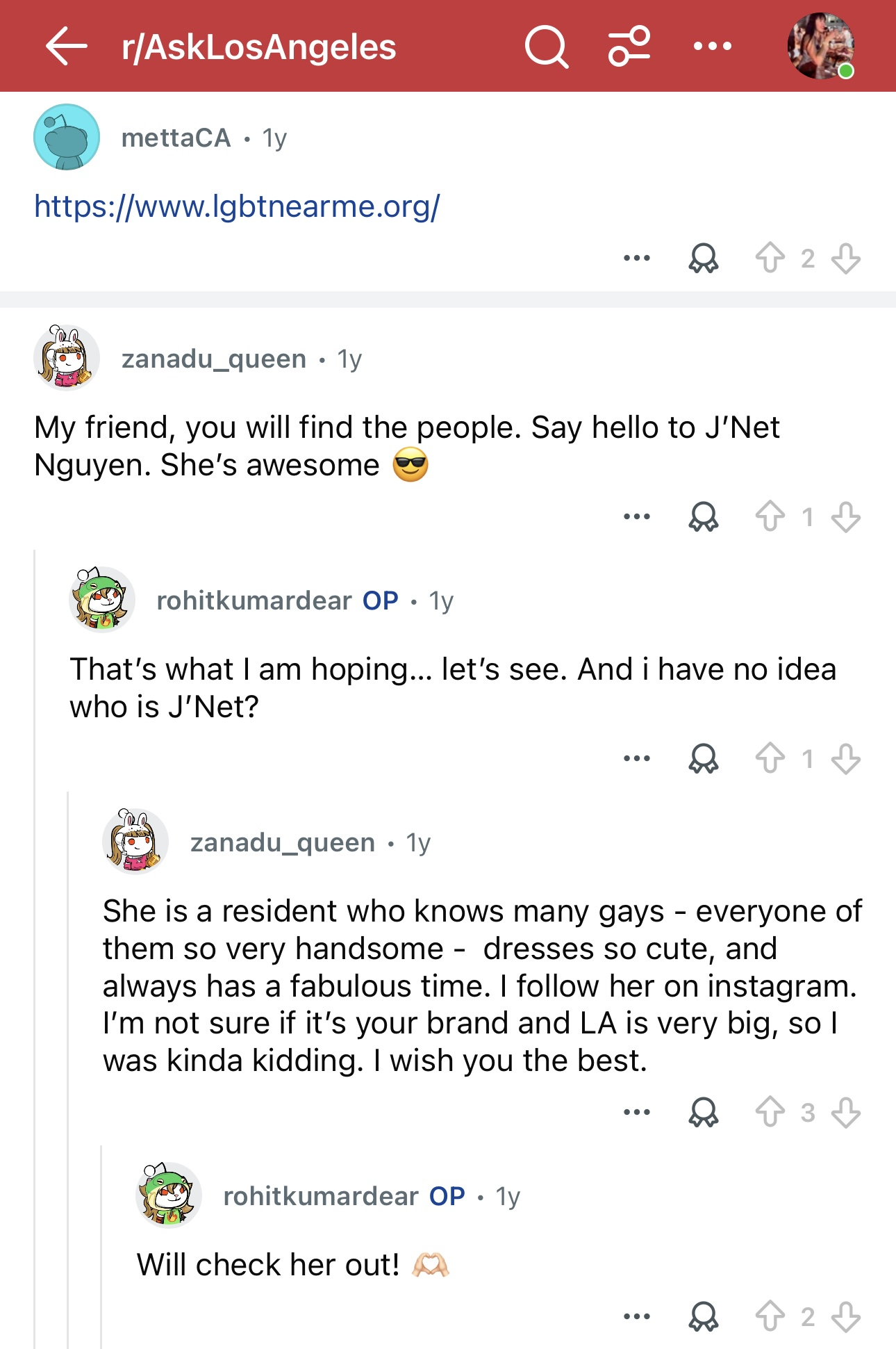 A Reddit thread on r/AskLosAngeles in which a stranger recommends J&rsquo;Net Nguyen to someone asking how to make gay friends in Los Angeles