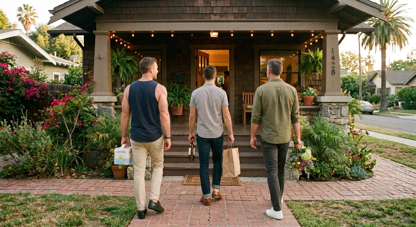 Three friends arriving together at a warm, lit craftsman home in Los Angeles, gifts in hand