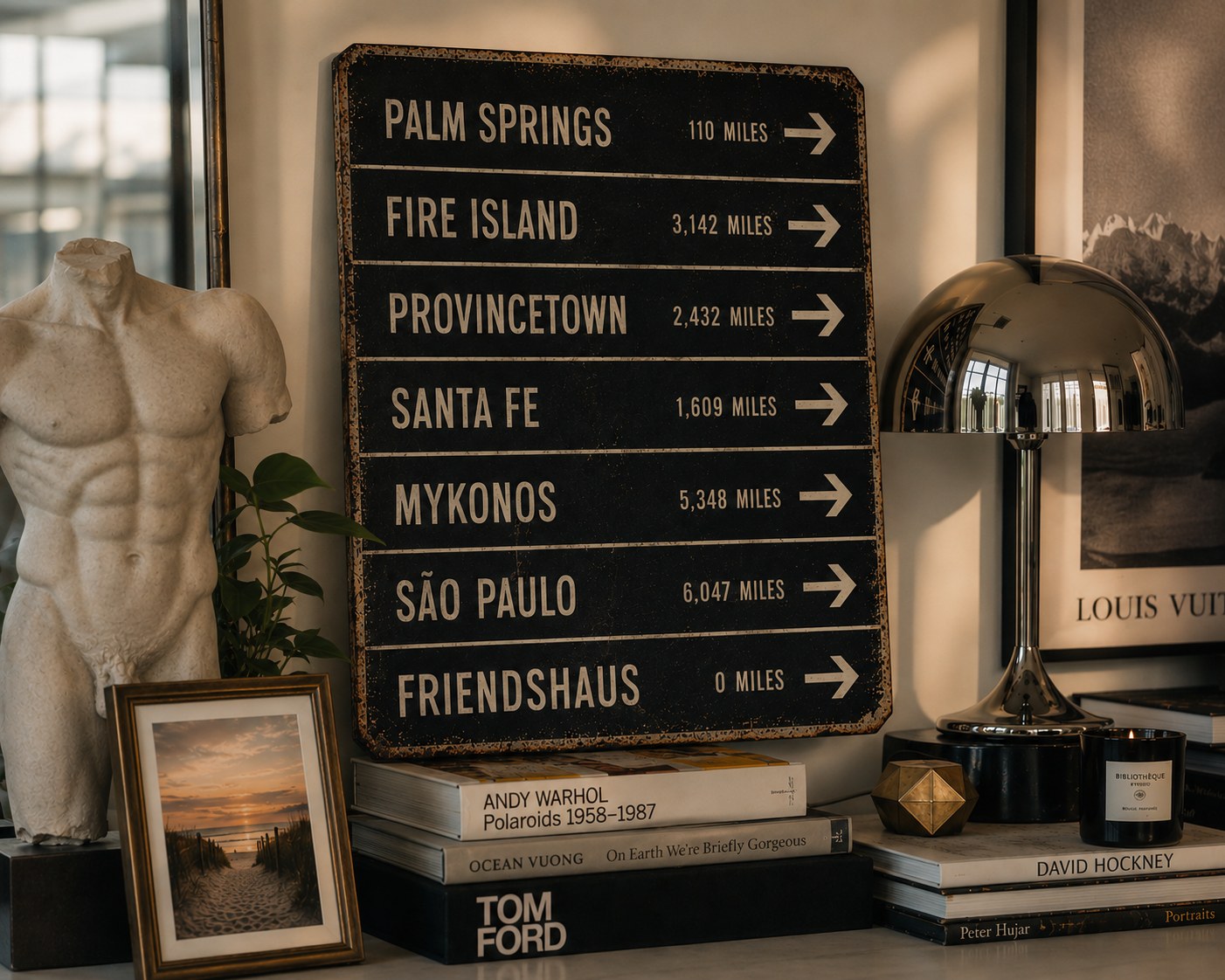 A vintage-style destination sign listing iconic gay travel destinations — Palm Springs, Fire Island, Provincetown, Santa Fe, Mykonos, São Paulo — with FriendsHAUS at 0 miles. Displayed alongside a Roman marble torso, coffee-table books by Warhol, Ocean Vuong, Tom Ford, David Hockney, and Peter Hujar, and a Bibliothèque candle.