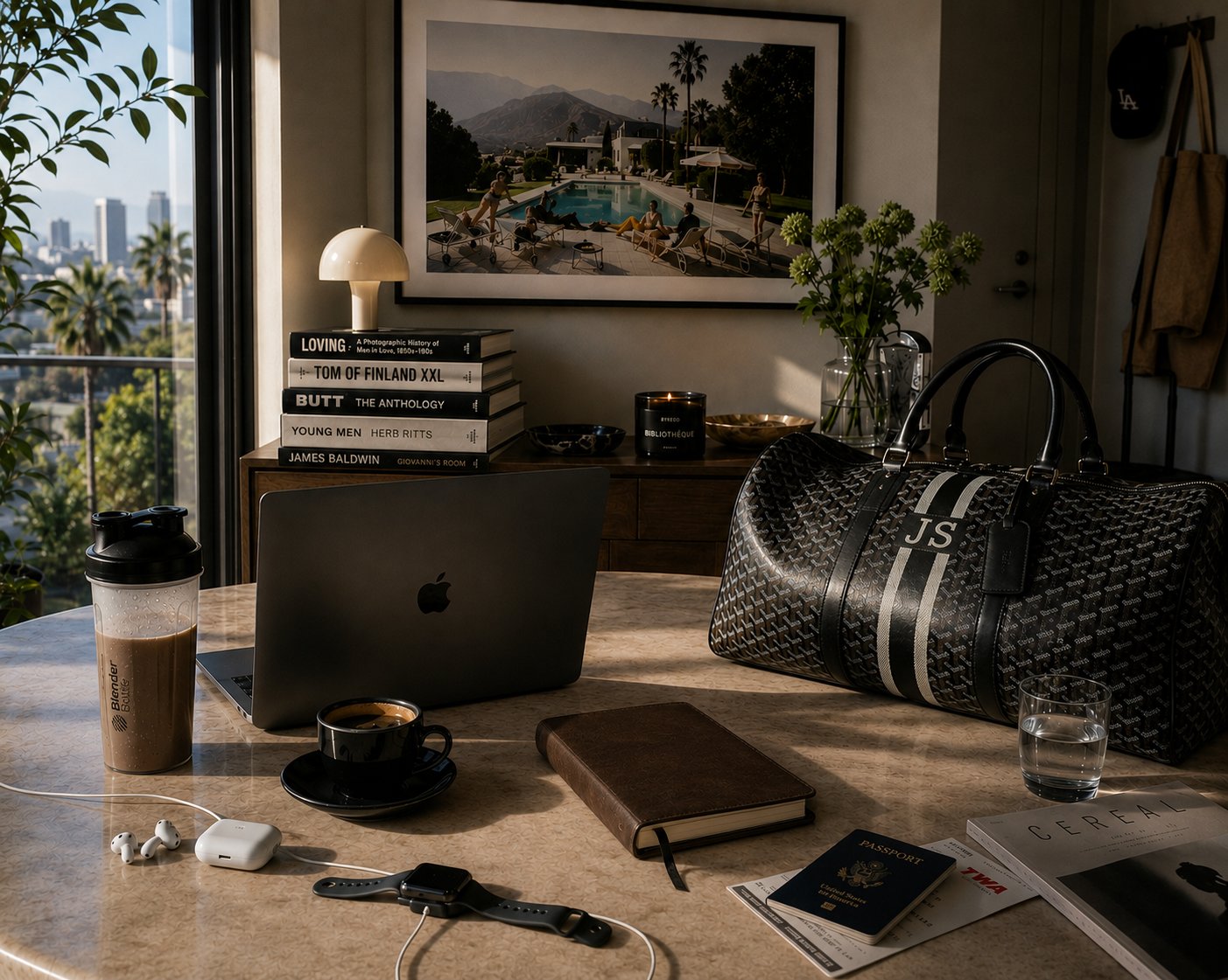 A modern Los Angeles home office at morning light — MacBook, espresso, leather journal, packed Goyard duffle, US passport, and a stack of coffee-table books including Herb Ritts, Tom of Finland, James Baldwin's Giovanni's Room, and Loving. Framed Slim Aarons Poolside Gossip print above the desk, LA hillside visible through the window.